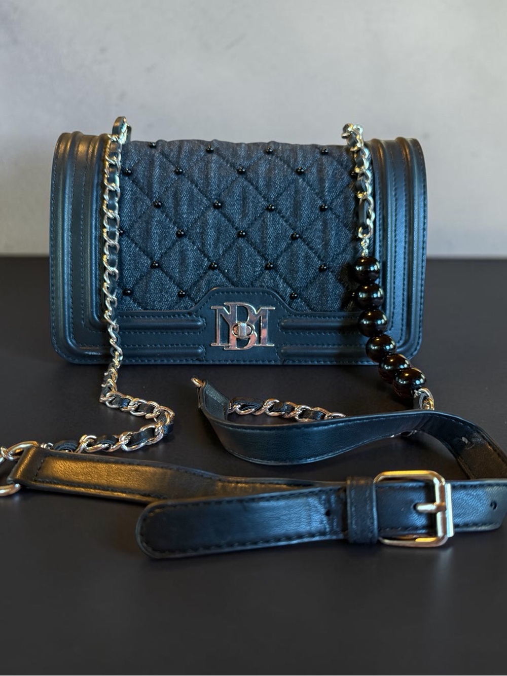 Badgley Mischka Black Quilted Crossbody with Chain and Bead Strap
